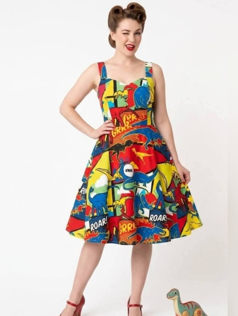 Retro Dinosaur Print Fit-and-Flare Dress in Multicolor